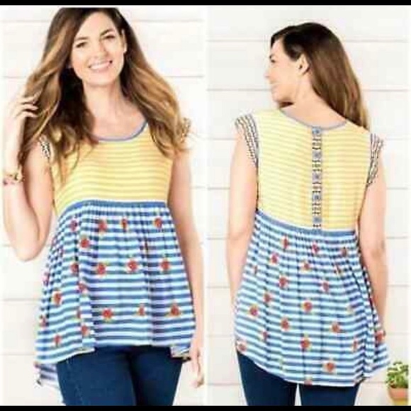 Matilda Jane Tops - Matilda Jane Top On my Mind Yellow Blue Stripes and Flowers Short Sleeve Tunic M